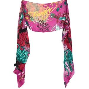 Ed Hardy Christian Audigier Scarf 84x12" Koi Fish Skull Y2K Tattoo Deadstock